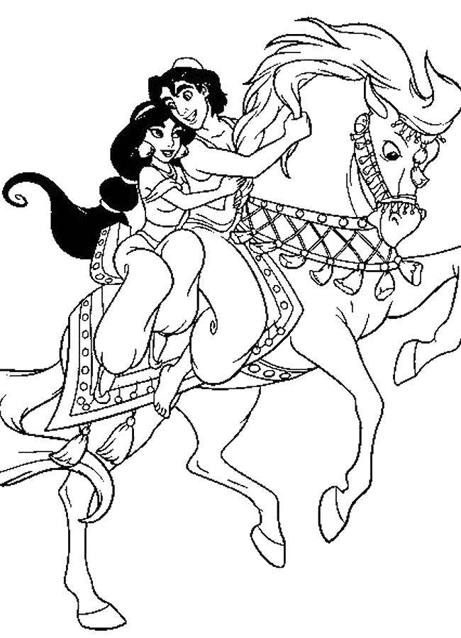 Название: Раскраска Шахерезада с принцем на коне. Категория: Диснеевские раскраски. Теги: принцесса, принц, конь, шахерезада.