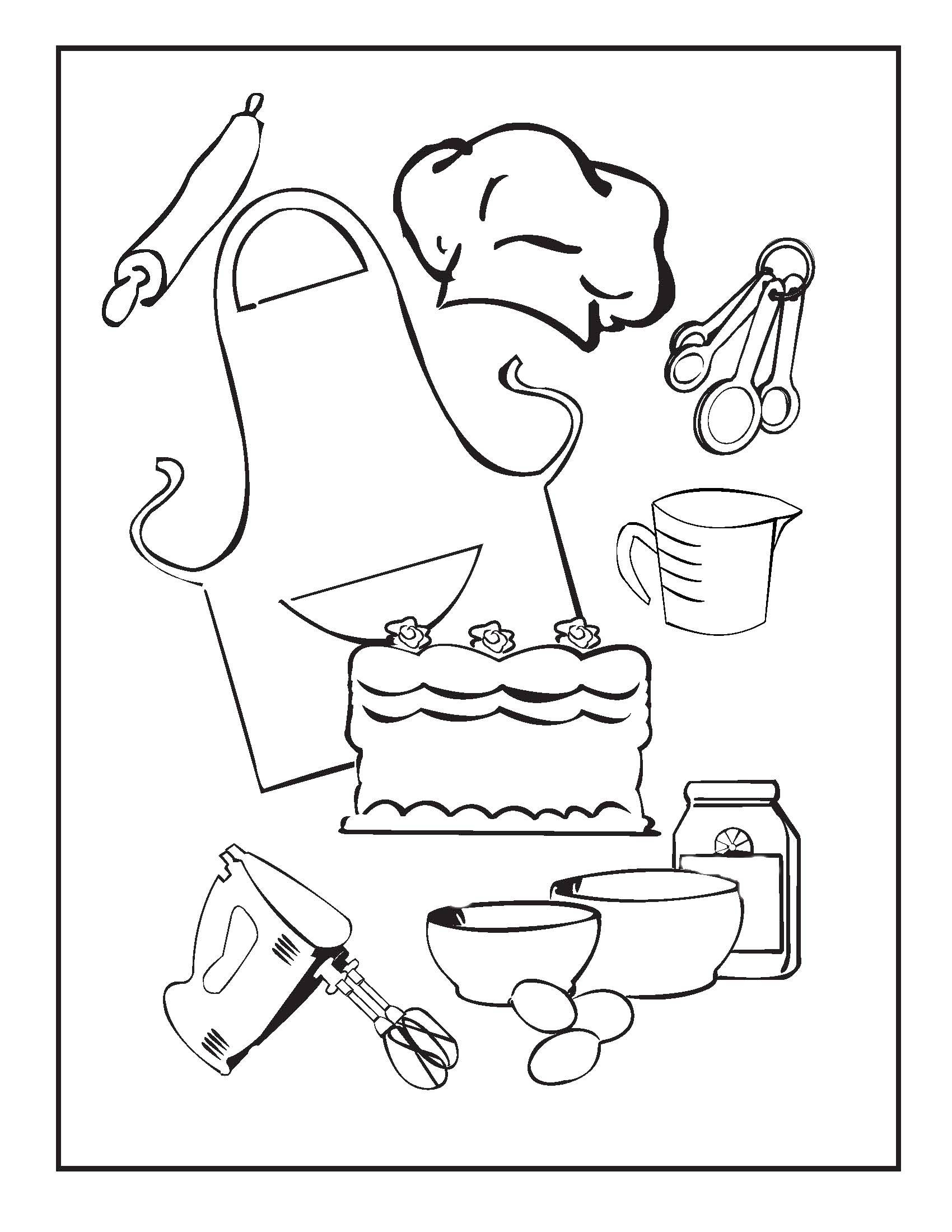 Розмальовки  Кулінарні приналежності. Завантажити розмальовку міксер, фартух, торт, ковпак.  Роздрукувати ,Готуємо їжу,