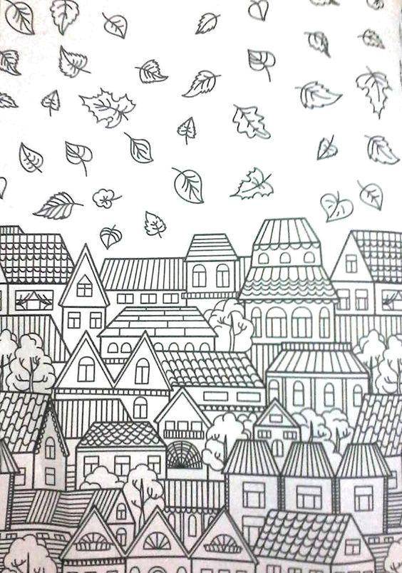 Розмальовки  Листопад над містечком. Завантажити розмальовку Місто, листопад, будинки, осінь.  Роздрукувати ,Місто,