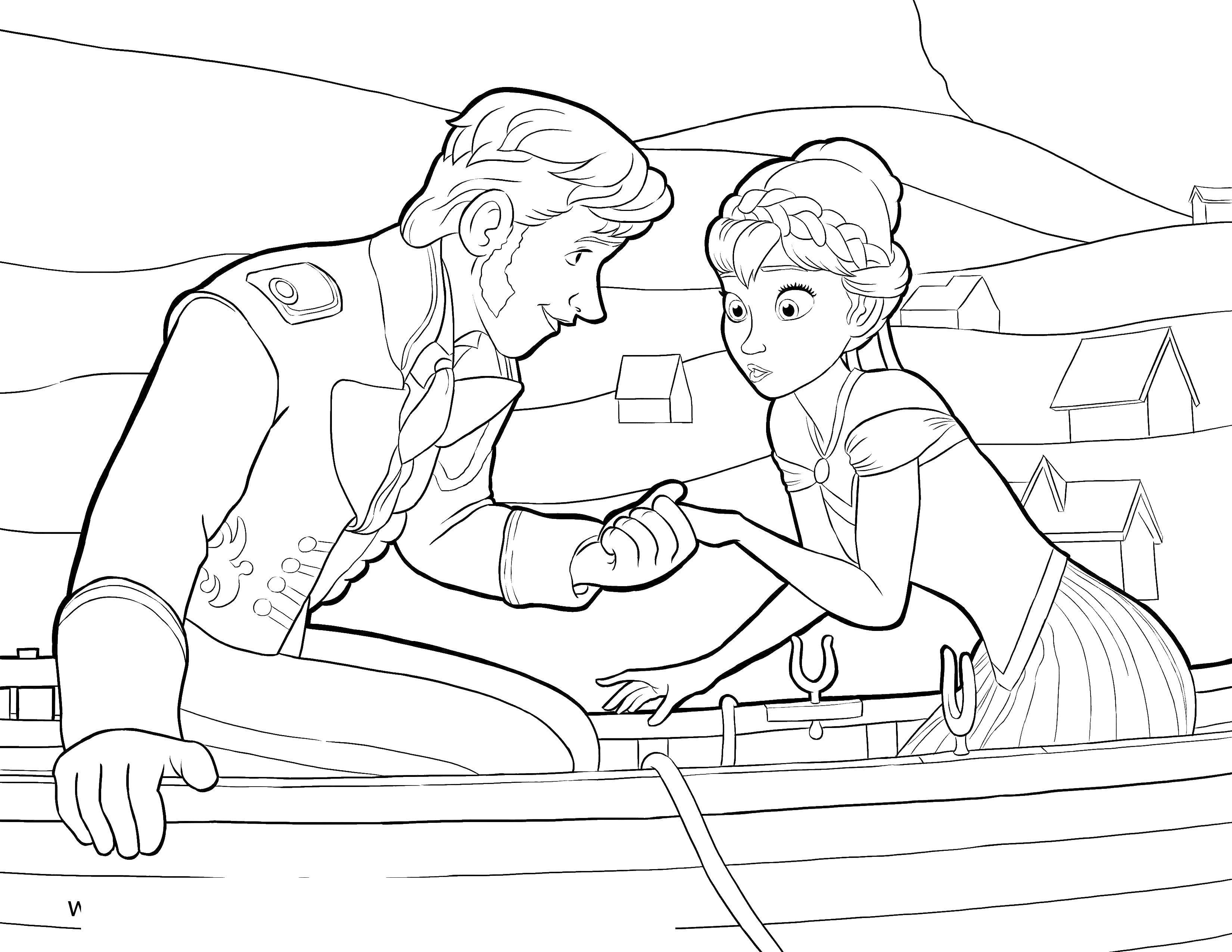 Название: Раскраска Ганс  и анна на лодке. Категория: Диснеевские мультфильмы. Теги: Ганс, Анна, Эльза.