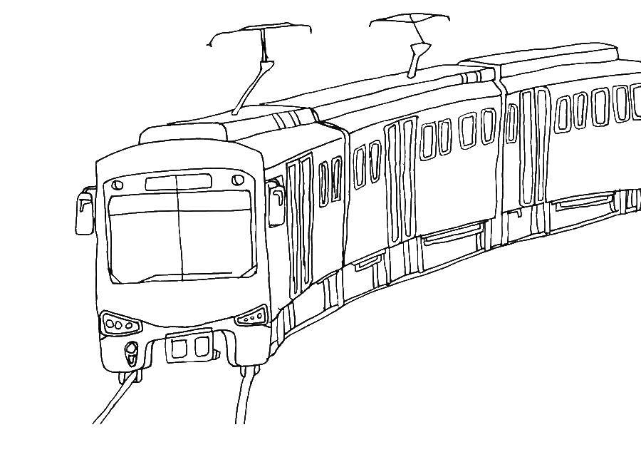 Розмальовки  Пасажирський поїзд поспішає по рейках. Завантажити розмальовку Транспорт, потяг, рейки.  Роздрукувати ,транспорт,