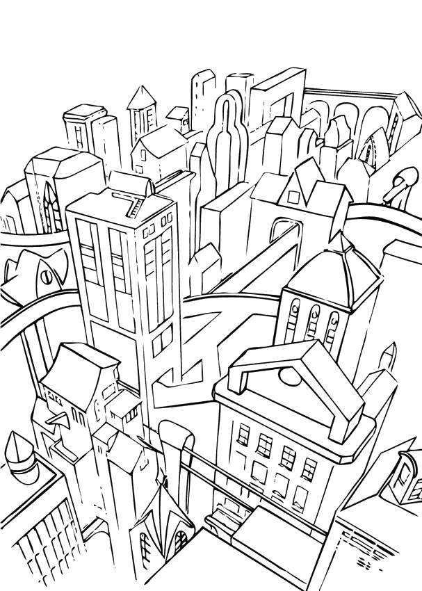 Опис: розмальовки  Високі будинки мегаполісу. Категорія: Місто. Теги:  Місто , будинки, дороги, дахи.