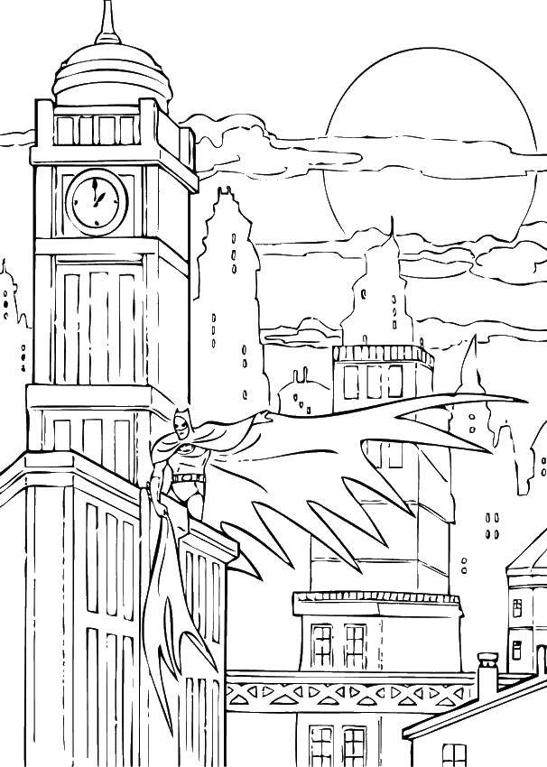 Название: Раскраска Бэтмон на крыше города. Категория: супергерои. Теги: Бэтмен, супергерои.