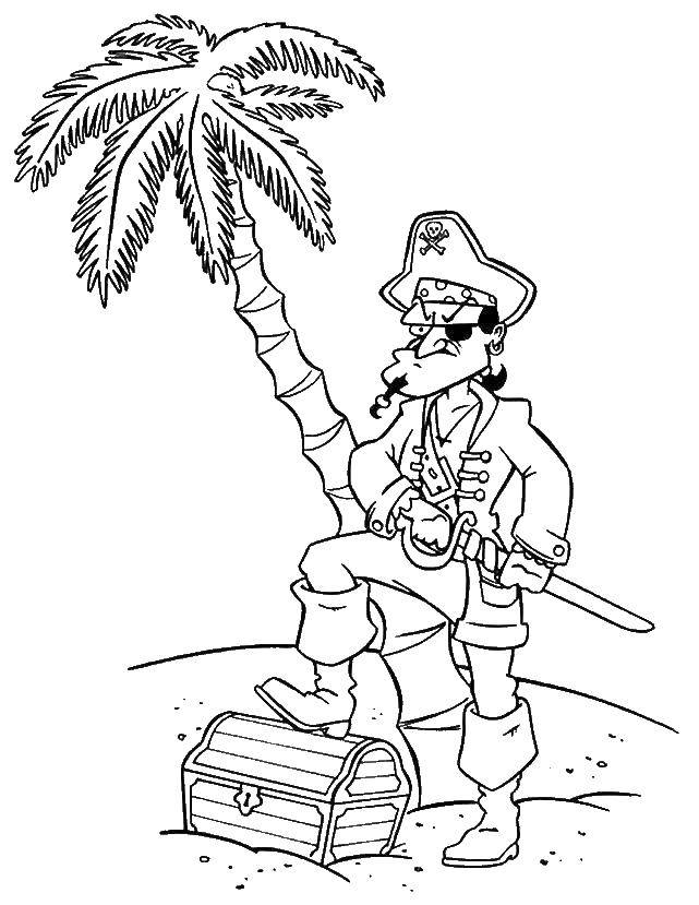Название: Раскраска Пират нашёл клад на острове. Категория: для мальчиков. Теги: Пират, остров, сокровища.