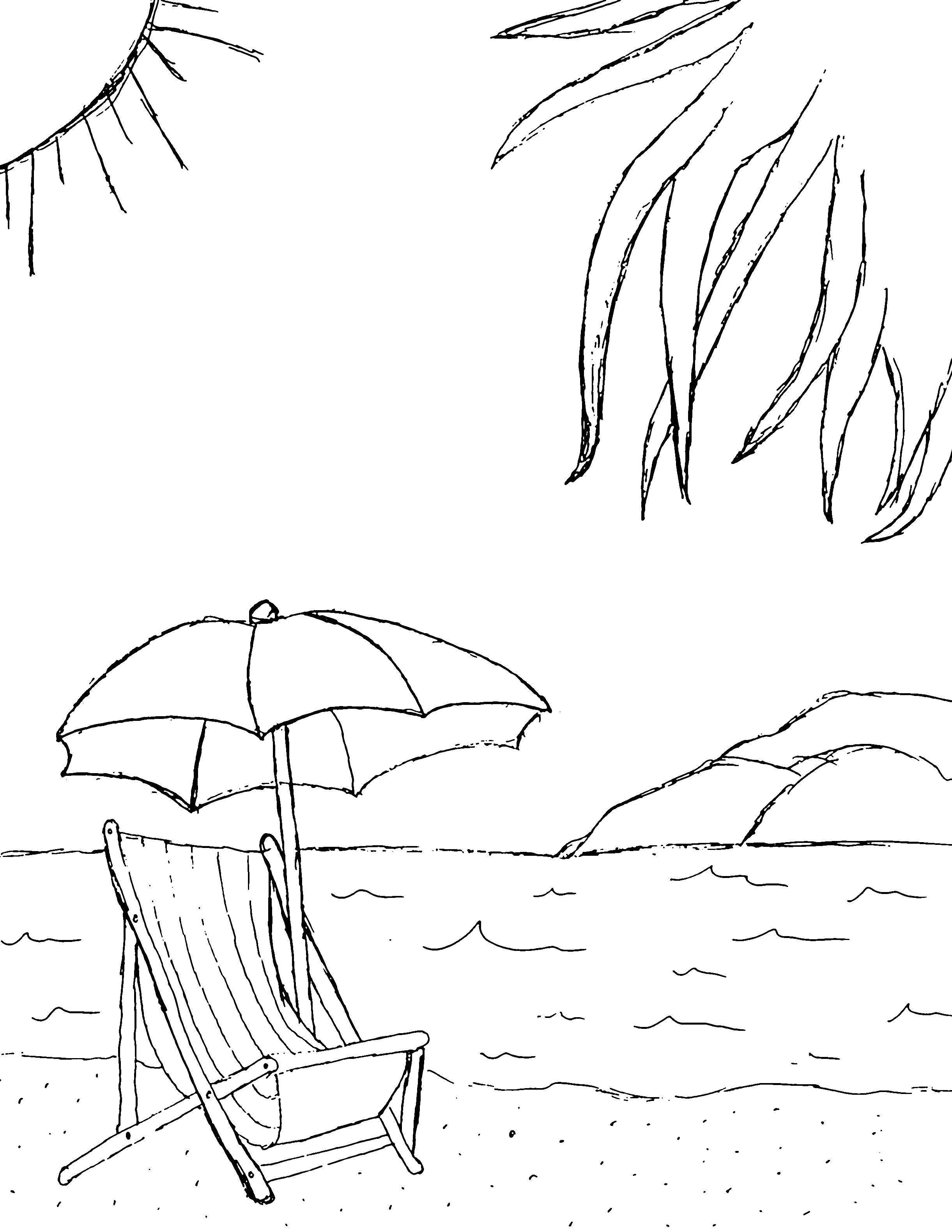 Название: Раскраска Шезлонг и зонтик на берегу. Категория: Летний пляж. Теги: Пляж, шезлонг, зонт, отдых.