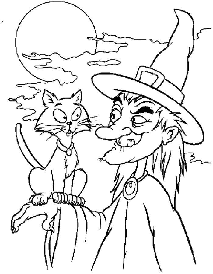 Coloring The witch with her cat. Category Halloween. Tags:  Halloween, witch, night, cat.