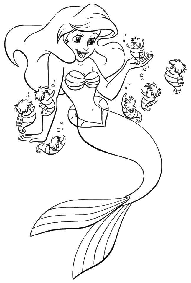 Название: Раскраска Ариэль и морские коньки. Категория: Русалочка. Теги: русалка, девушка, море, Ариэль, морские коньки.