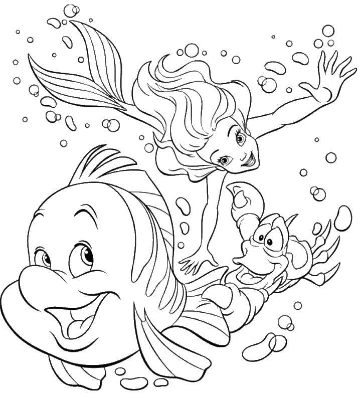 Название: Раскраска Ариэль и рыбка флаундер. Категория: Русалочка. Теги: Ариэль, русалка.