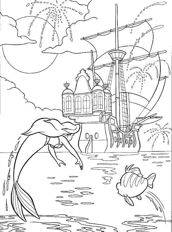 Название: Раскраска Ариэль, рыбка и корабль. Категория: Русалочка. Теги: русалка, девушка, море, Ариэль, рыбка, корабль.