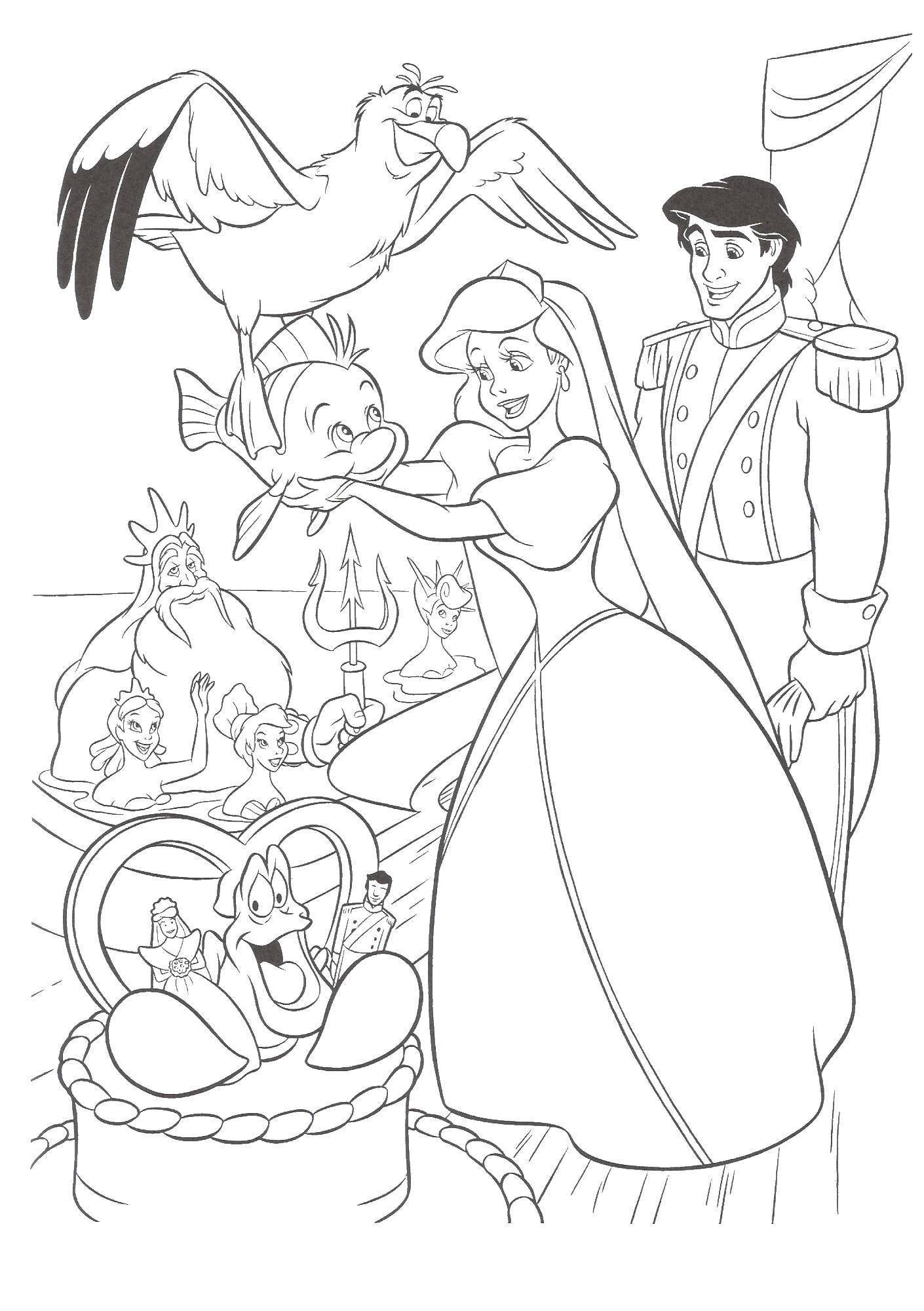 Название: Раскраска Ариэль с принцем и друзьями. Категория: Русалочка. Теги: русалка, девушка, море, Ариэль, принц.