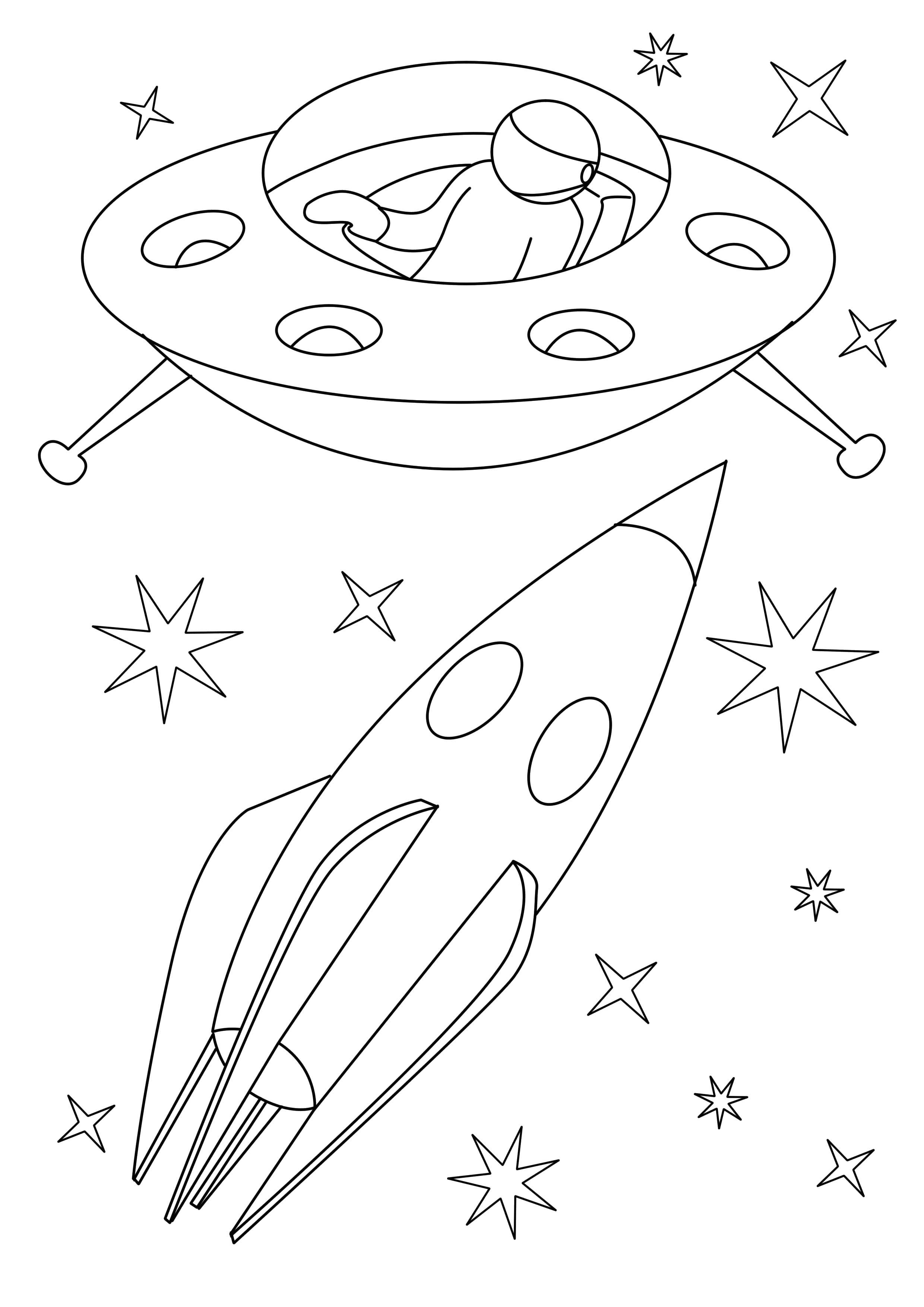 Название: Раскраска Летающая  тарелка и ракета встретились в космосе. Категория: космос. Теги: Космос, ракета, звезды, летающая тарелка.