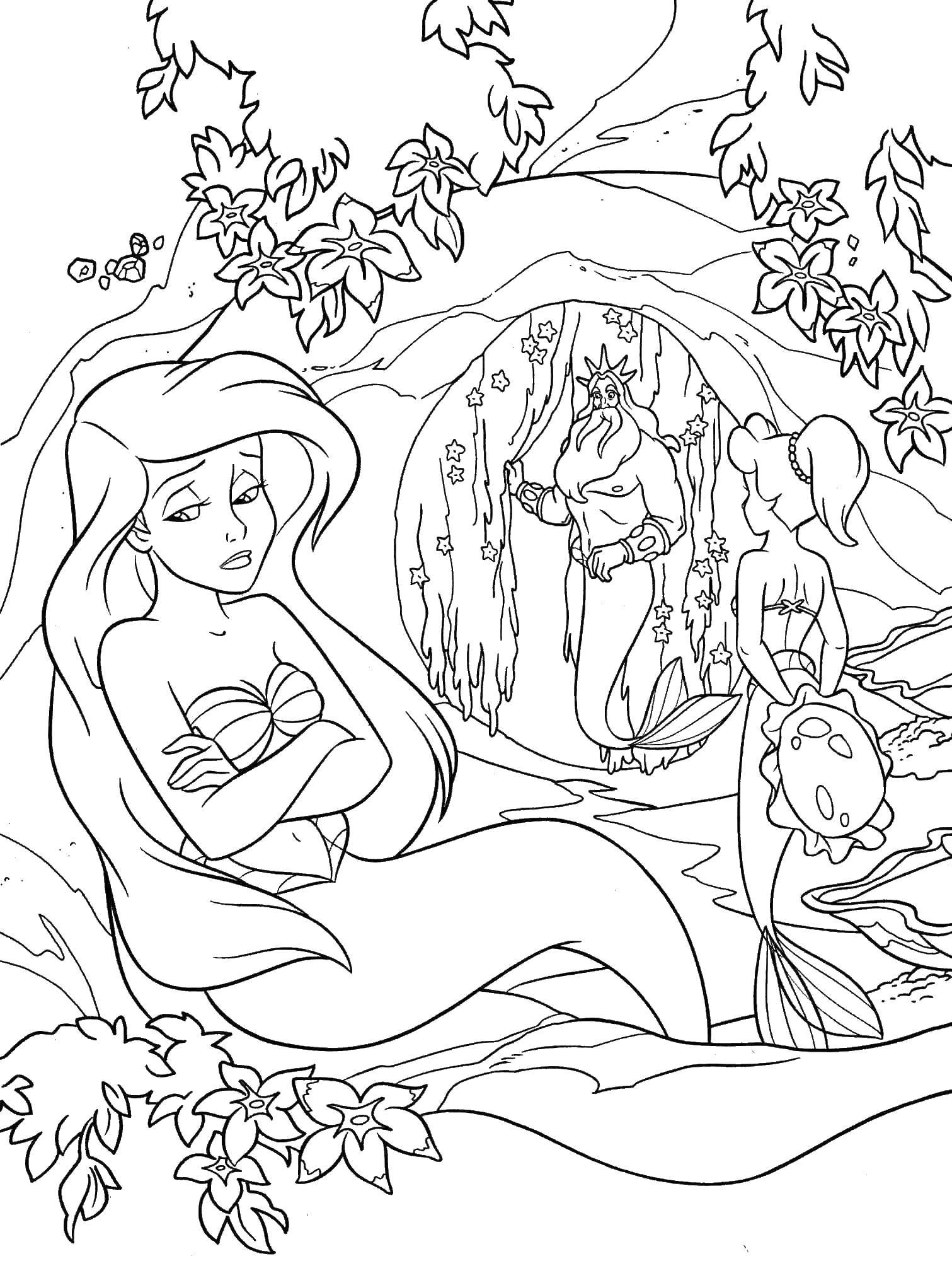 Coloring Mermaid Ariel and king Neptune. Category Disney cartoons. Tags:  Ariel, mermaid.