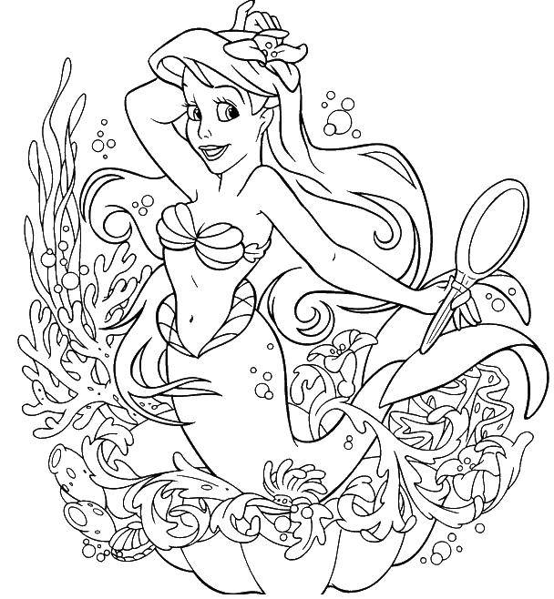 Coloring Mermaid Ariel with mirror. Category The little mermaid. Tags:  Ariel, mermaid.