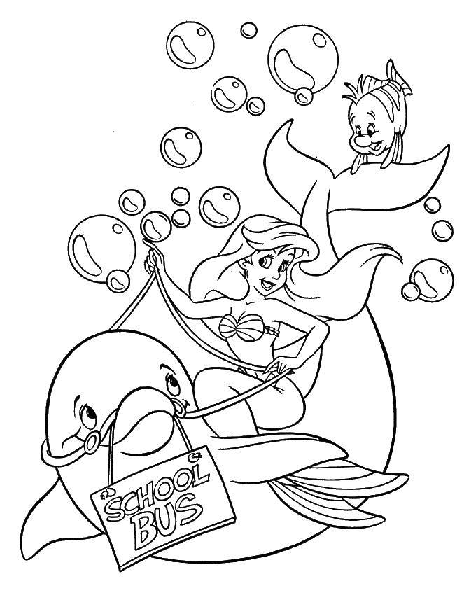 Название: Раскраска Русалочка ариэль из диснеевского мультфильма на дельфине. Категория: Русалочка. Теги: Дисней, русалочка, Ариэль.