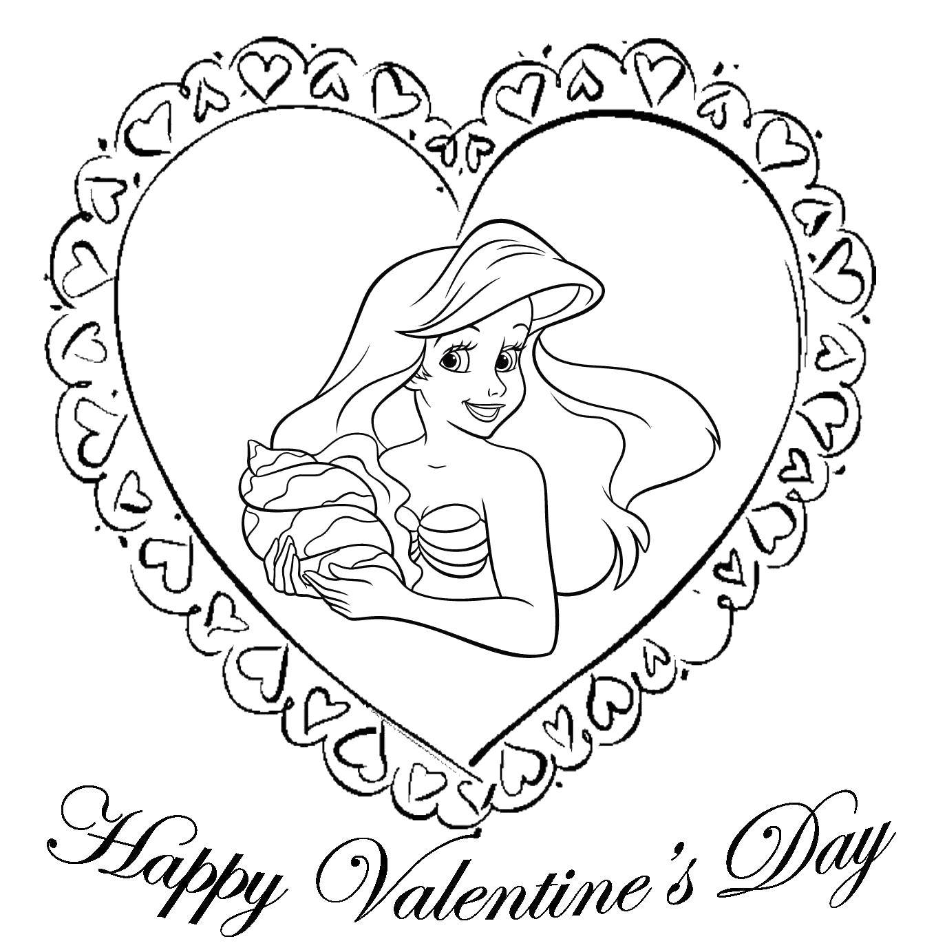 Название: Раскраска Русалочка ариэль из диснеевского мультфильма поздравляет с днем святого валенина. Категория: день святого валентина. Теги: День Святого Валентина, любовь, сердце, Ариэль.