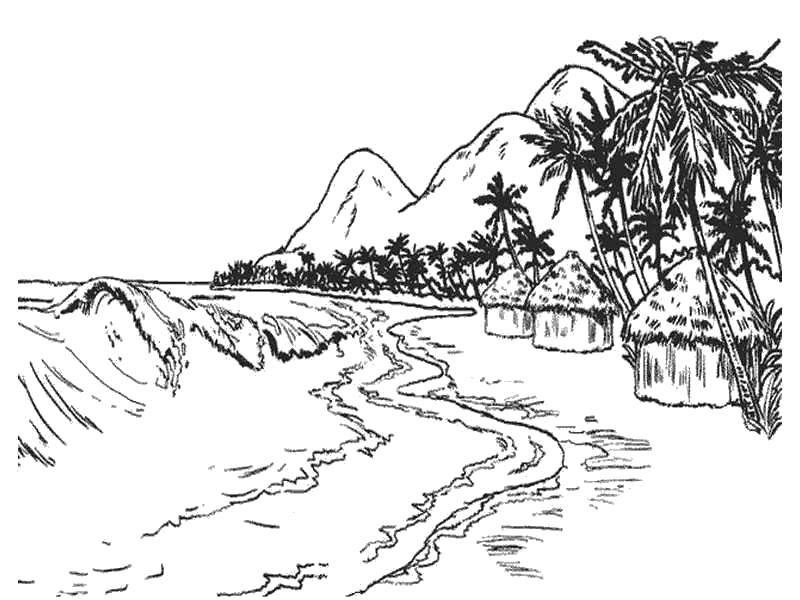 Розмальовки  Пляжний берег на острові. Завантажити розмальовку Пляж, океан, пісок, пальми, острів.  Роздрукувати ,Пляж,