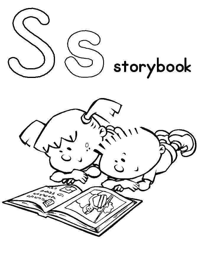 Название: Раскраска Дети читают книгу. Категория: Английский алфавит. Теги: алфавит, английский.