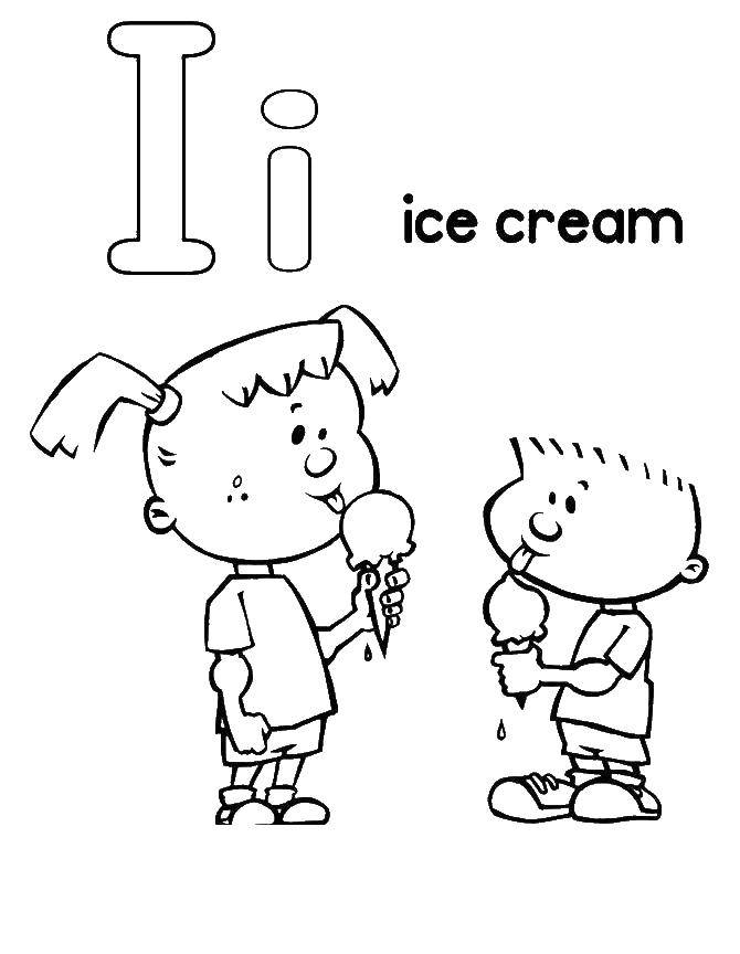Название: Раскраска Дети кушают мороженное. Категория: Английский алфавит. Теги: алфавит, английский.