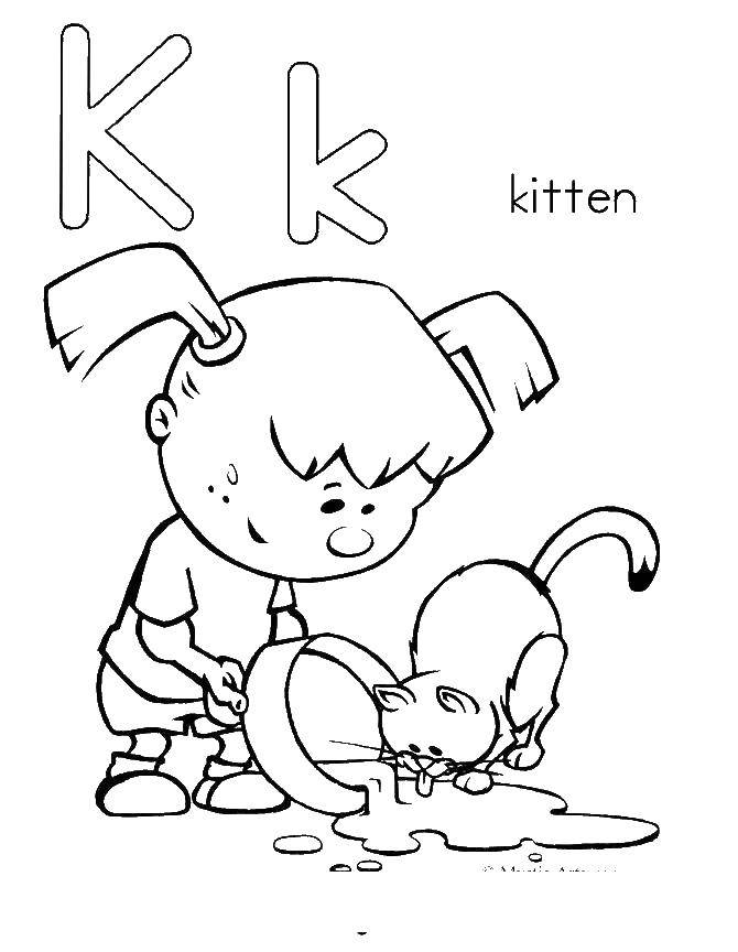 Название: Раскраска Девочка кормит кошку. Категория: Английский алфавит. Теги: алфавит, английский.