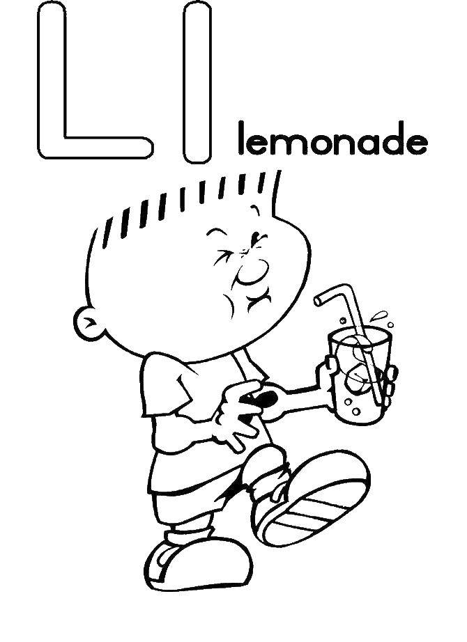 Название: Раскраска Мальчик пьет лимонад. Категория: Английский алфавит. Теги: алфавит, английский.