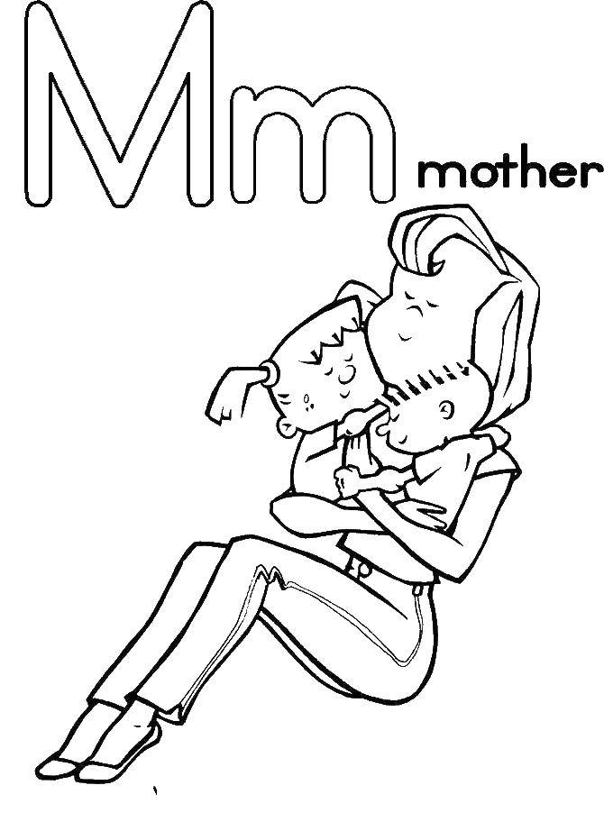 Coloring Mother hugging children. Category English alphabet. Tags:  alphabet, English.