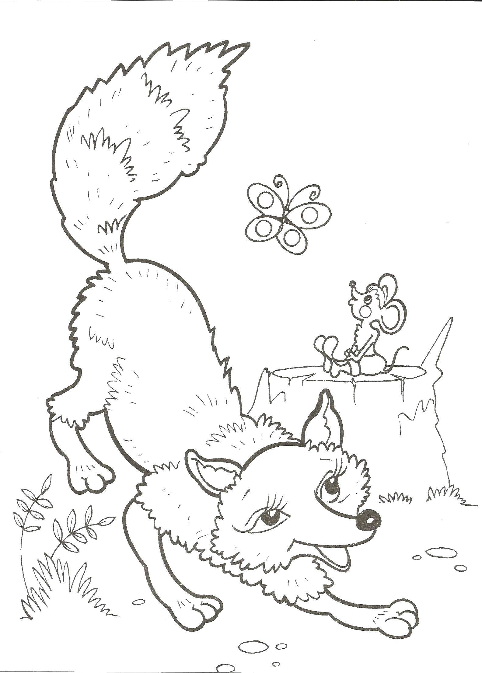 Название: Раскраска Мышка и лисичка играют с бабочкой. Категория: лес. Теги: Лес, деревья, природа, животные.