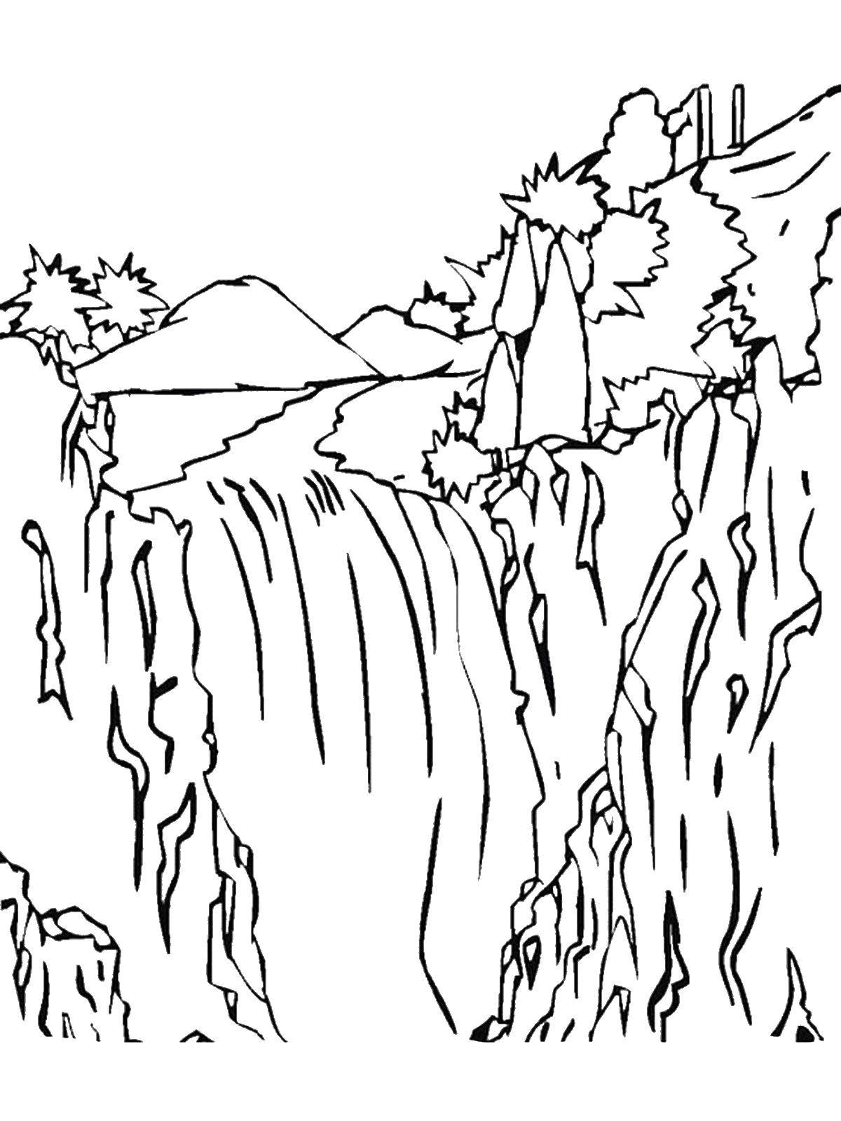 Розмальовки  Чудовий водоспад. Завантажити розмальовку природа, ліс, водоспад.  Роздрукувати ,Природа,