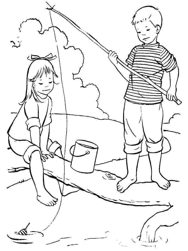 Опис: розмальовки  Друзі рибалять з гілки. Категорія: відпочинок. Теги:  Відпочинок, рибалка, дівчинка, хлопчик.