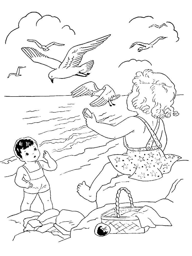 Coloring Kids feed seagulls. Category the rest. Tags:  Leisure, kids, water, fun.