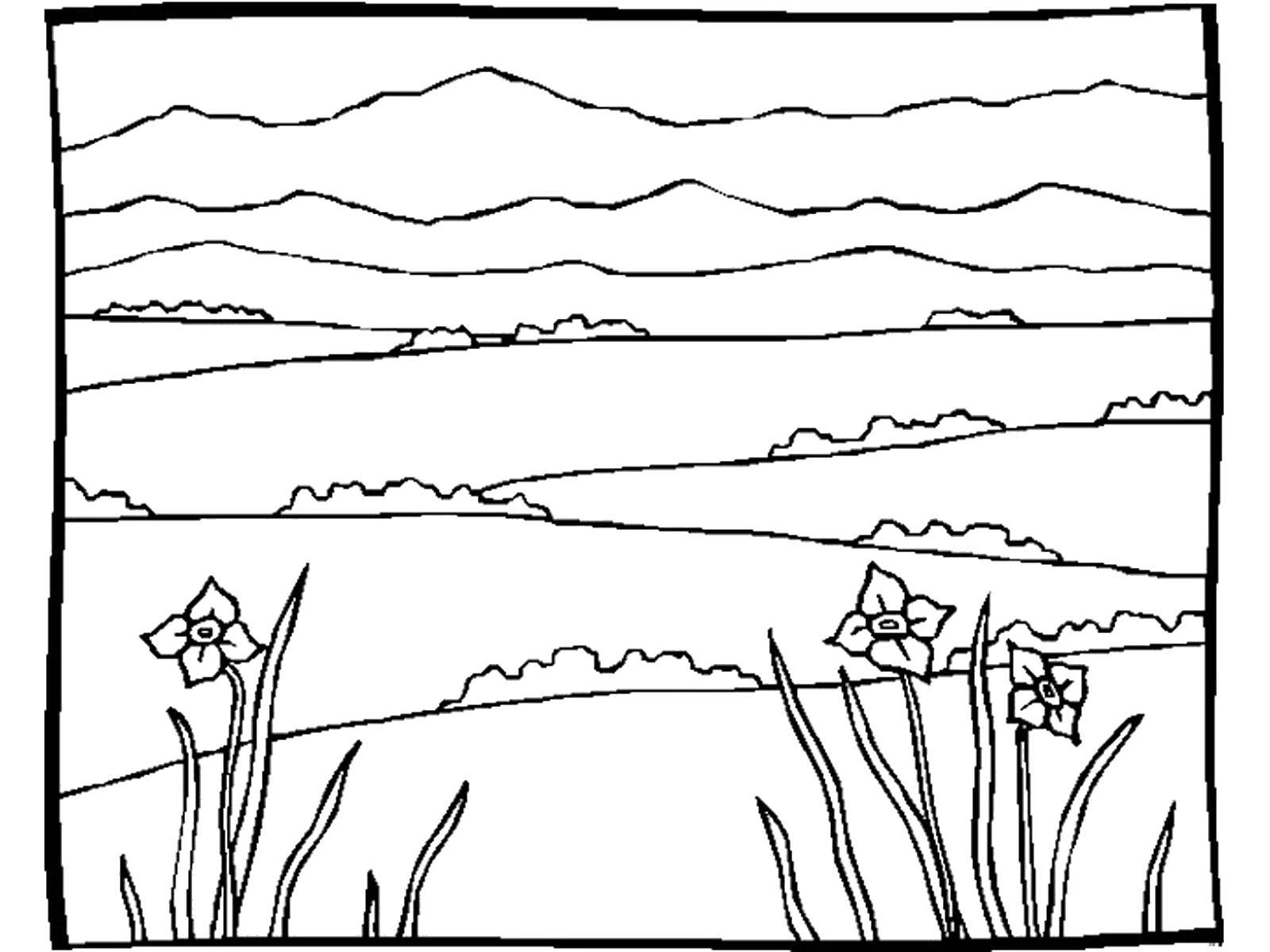Название: Раскраска Горные поляны цветов. Категория: Природа. Теги: Природа, горы, цветы, поля.