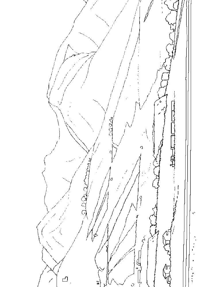 Название: Раскраска Поезд едет через горную деревню. Категория: Природа. Теги: Природа, лес, горы, деревня, поезд.