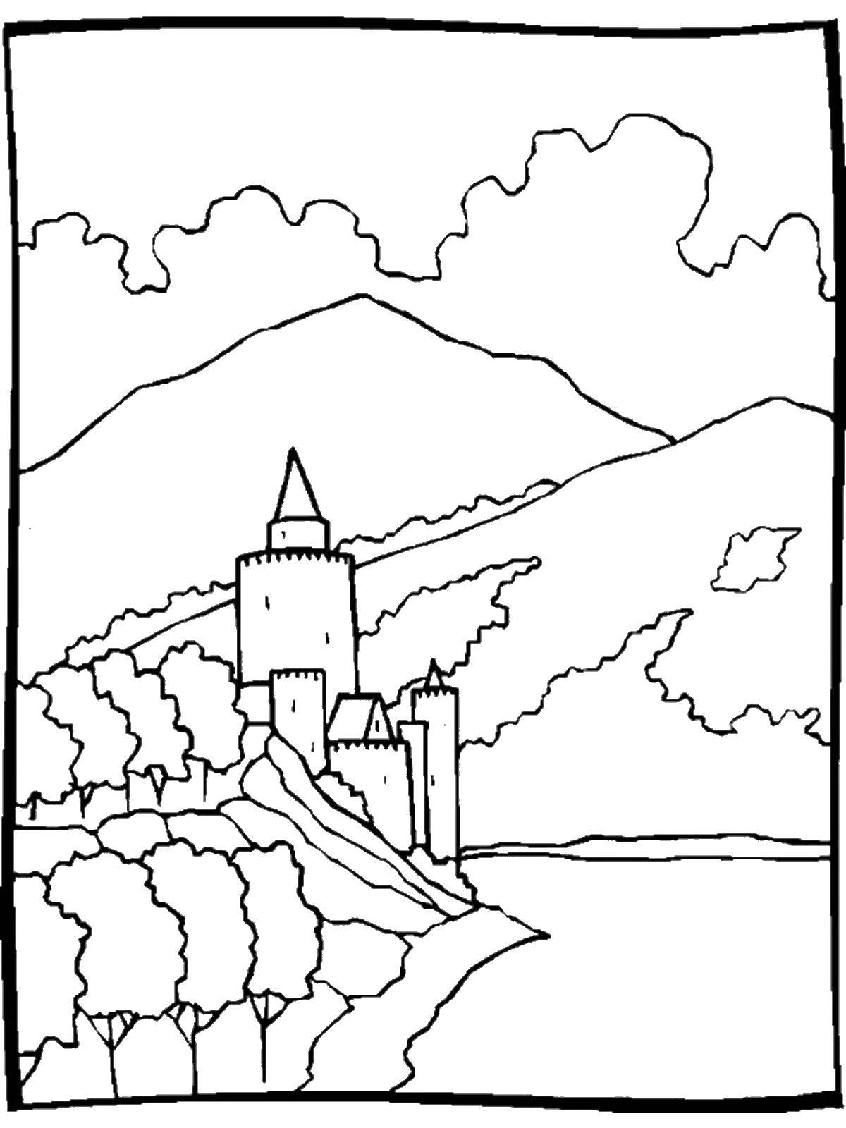 Coloring Castle on the edge of the river. Category Nature. Tags:  Nature, forest, mountains, river, castle.