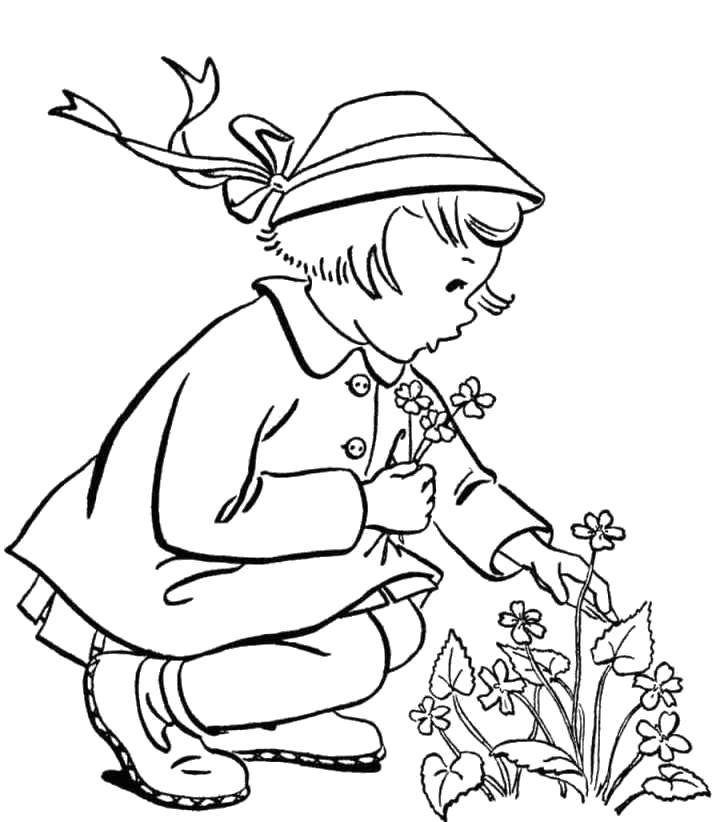 Розмальовки  Дівчинка збирає квіточки. Завантажити розмальовку Дівчинка, радість, веселощі, квіти.  Роздрукувати ,діти,