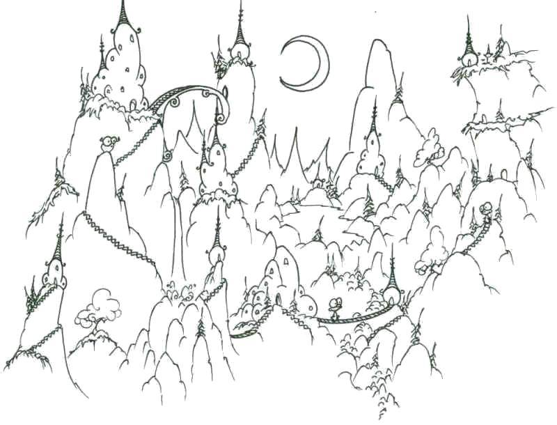 Розмальовки  Казкове містечко в горах. Завантажити розмальовку Природа, ліс, гори, село.  Роздрукувати ,Природа,