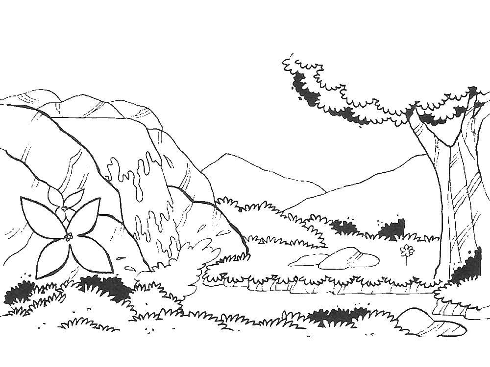 Розмальовки  Водоспад у горах. Завантажити розмальовку гори, водоспад.  Роздрукувати ,Природа,