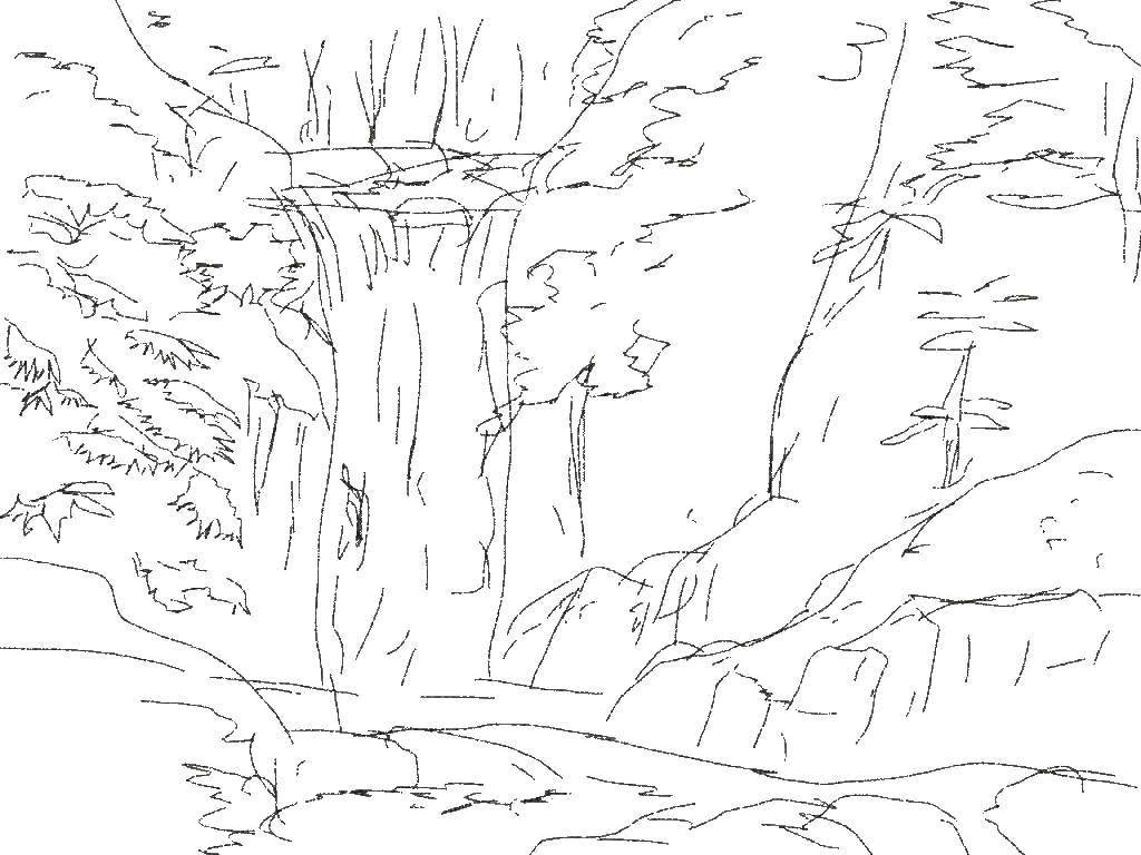 Название: Раскраска Быстротечная лесная речка. Категория: Природа. Теги: Природа, лес, горы, река.