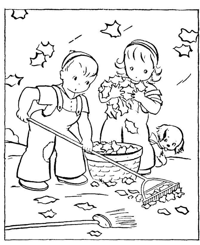Название: Раскраска Дети убирают листья. Категория: Природа. Теги: листья, дети.