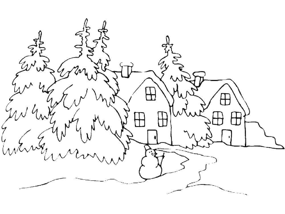 Название: Раскраска Домики в зимнем лесу. Категория: Природа. Теги: Природа, лес, зима.