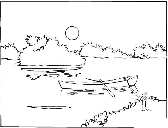 Название: Раскраска Лодка на реке. Категория: Природа. Теги: Природа, река, лодка.