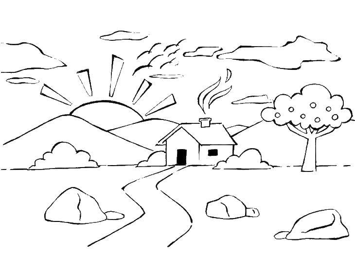 Название: Раскраска Одинокий домик в горах. Категория: Природа. Теги: Природа, горы, домик, солнце.