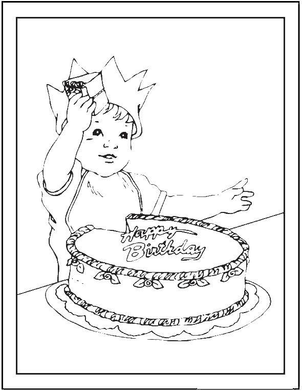 Розмальовки  День народження дитини. Завантажити розмальовку торт, малюк.  Роздрукувати ,Їжа,