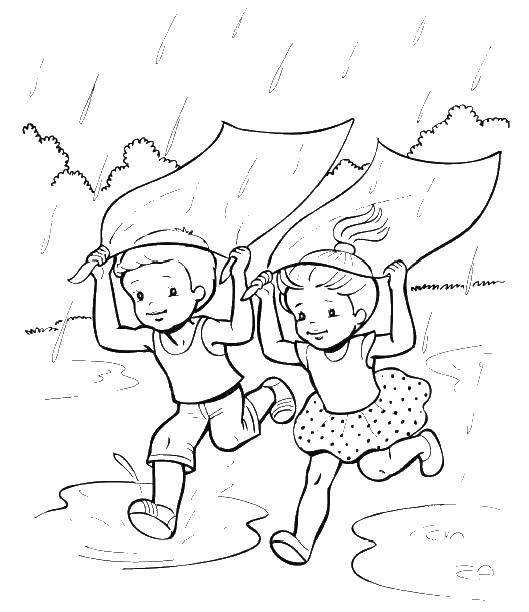 Розмальовки  Діти біжать під дощем. Завантажити розмальовку діти, дощ.  Роздрукувати ,Люди,