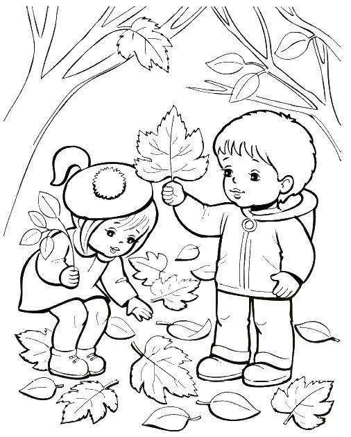 Розмальовки  Діти збирають листя. Завантажити розмальовку діти, листя.  Роздрукувати ,Люди,
