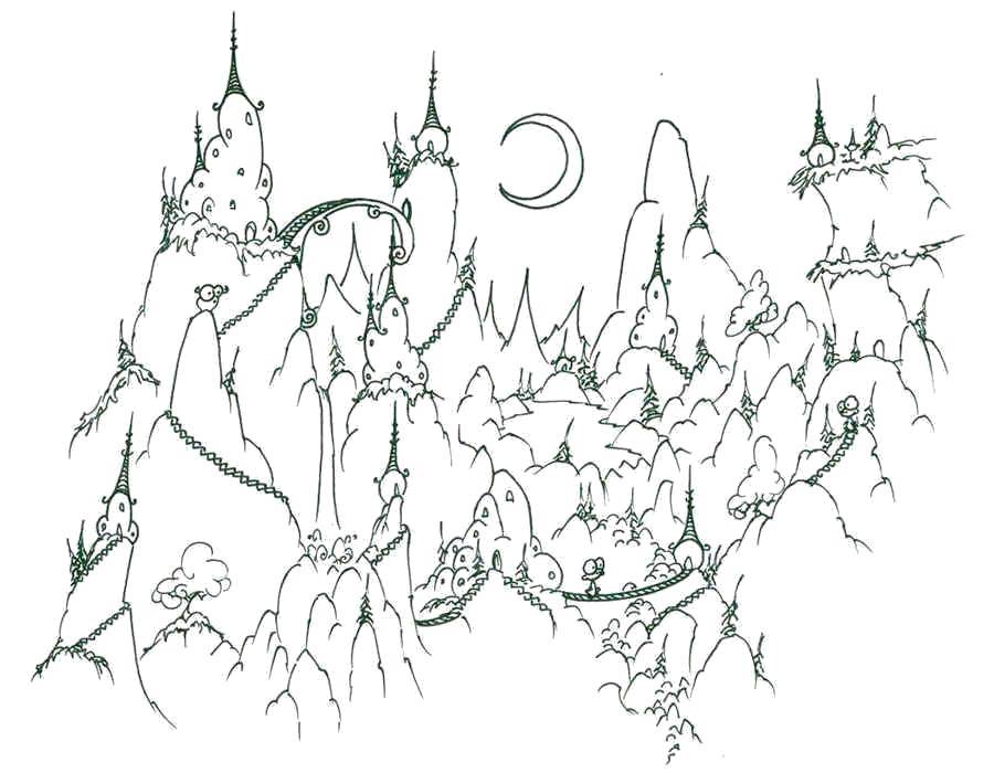 Розмальовки  Містечко в горах. Завантажити розмальовку Природа, ліс, гори, село.  Роздрукувати ,Природа,