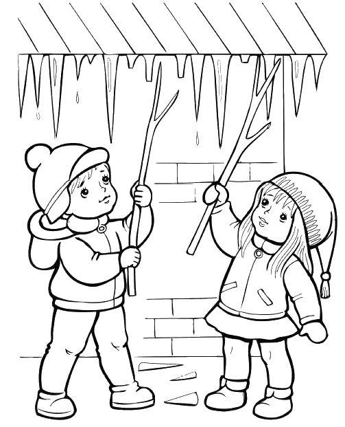 Название: Раскраска Дети сбивают сосульки палочками. Категория: дети. Теги: Дети, игра, природа, зима.