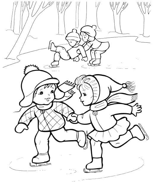 Название: Раскраска Детки катаются на катке. Категория: зима. Теги: Зима, дети, каток, веселье.