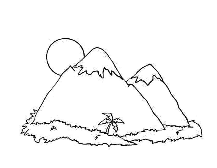 Название: Раскраска Горы в тропиках. Категория: Природа. Теги: Природа, лес, горы, пальма.