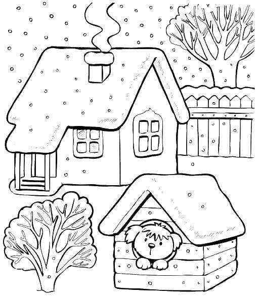 Название: Раскраска Собака в будочке и зимний домик. Категория: зима. Теги: Зима, дом, собака.