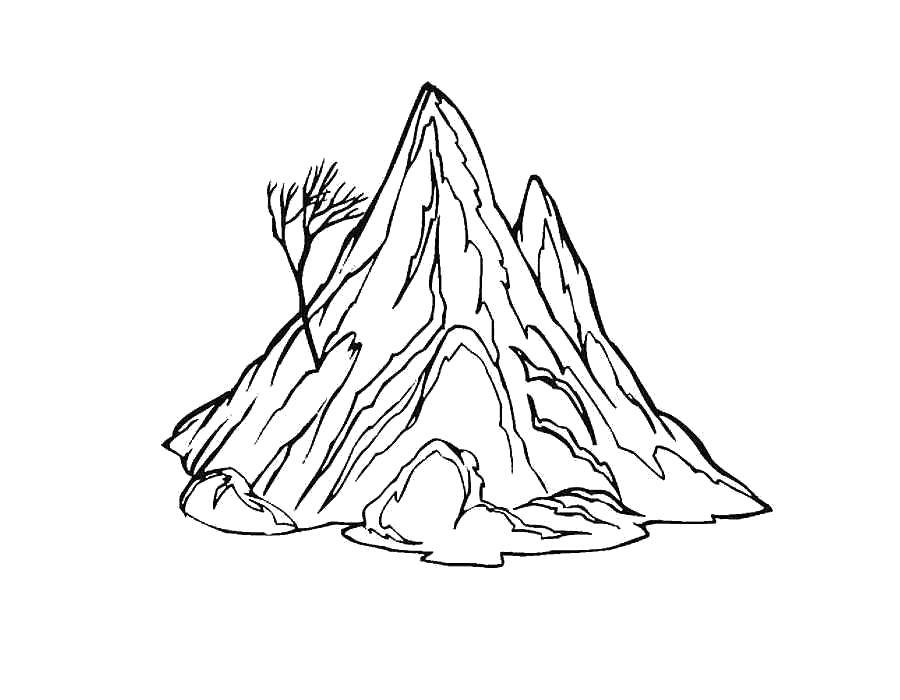 Название: Раскраска Сухое деревце на горе. Категория: Природа. Теги: Природа, горы, дерево.