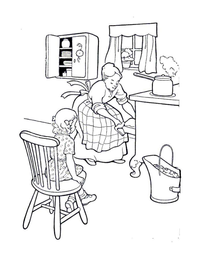 Розмальовки  Бабуся спекла для внучки пиріг. Завантажити розмальовку Родина, бабуся, внучка, їжа, кухня.  Роздрукувати ,Родина,